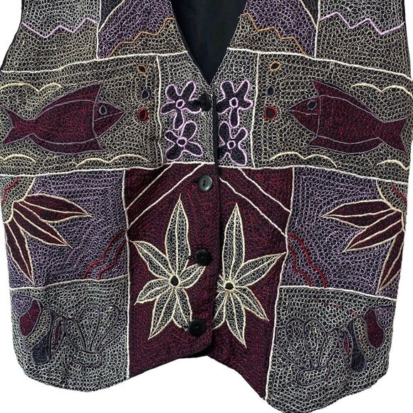 EFFECI Vintage Vest Embroidered Cotton Boho Fish Flowers Black Burgundy - Picture 7 of 11